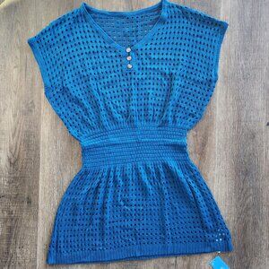 🐬NWT!🐬Cupshe Crochet V-Neck Mini Beach Festival Boho Cover-Up Dress Teal-M